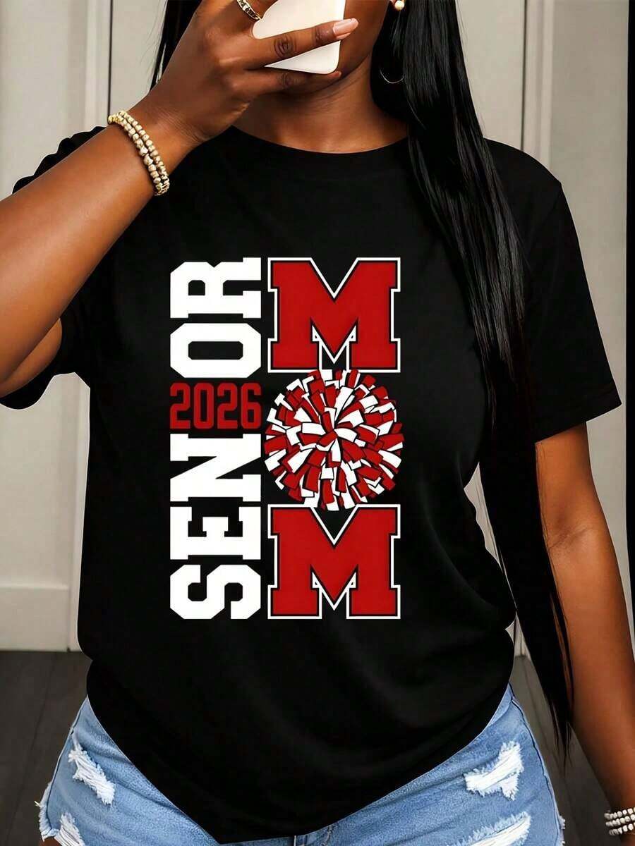 Camiseta de Mujer "Mamá Senior 2026" con Estampado de Pompones para Celebración de Graduación Primavera Verano Ropa Casual - Negro - Ver 1