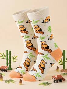 1 par de calcetines medianos unisex con estampado de mapache, calcetines colorblock interesantes, calcetines versátiles adecuados para todas las estaciones - Multicolor - Ver 7