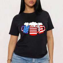 Women's Short-Sleeved T-Shirt With Round Neck And Graphic Print, Casual Everyday Style, Elegant, With American Flag And Beer Design, Women's T-Shirts - 黑色 - 查看 6