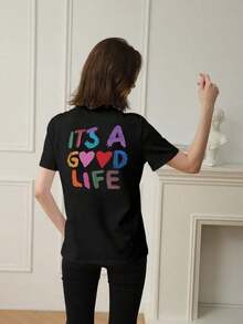 Women's Short-Sleeved T-Shirt With A Round Neck And Colorful Slogan Print, A New Summer Style Suitable For Everyday Wear. Vacation Graphic T-Shirt For Women, White Top For Women - 黑色 - 查看 7