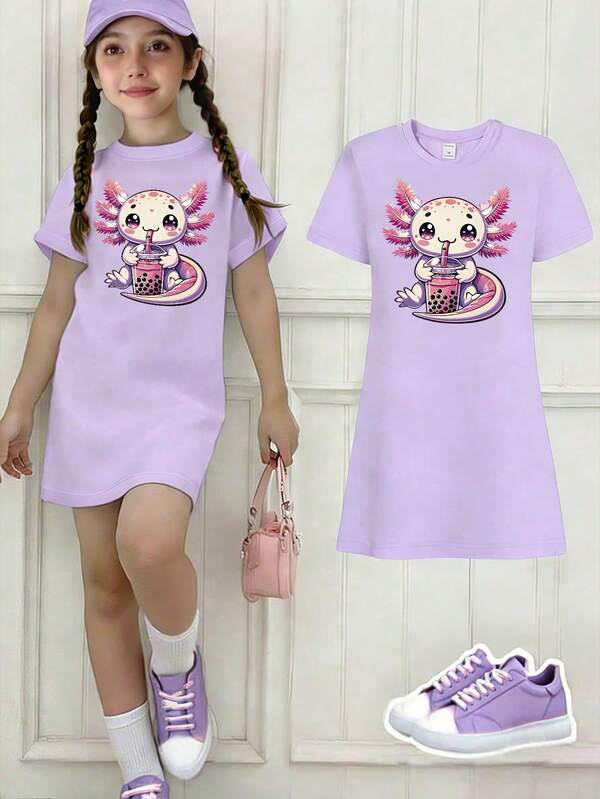 Big Girls Casual Short Sleeve T-Shirt Dress, Cartoon Salamander Print, Cute And Elegant, Suitable For Spring, Summer And Autumn Wear