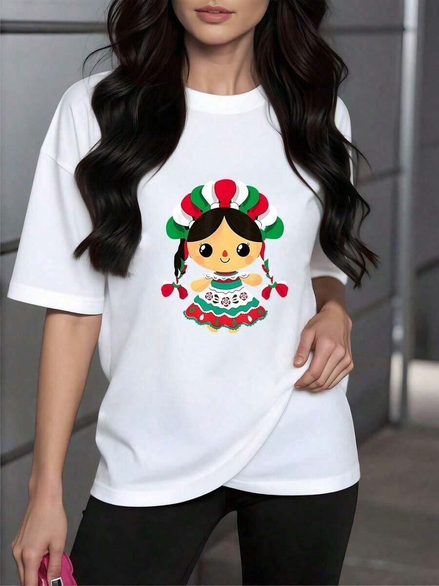 SoftMuñeca tradicional mexicana con trenzas y vestido colorido que simboliza la alegría y el orgullo cultural nacional camiseta para mujer 100% algodón suave y cómoda ideal para uso diarioNew Summer Women's T-shirt, Casual and Comfortable Crew Neck Top - Blanco - Ver 1