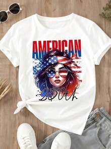 Camiseta de Mujer con Diseño Patriótico de la Bandera Americana y una Chica con Gafas de Sol para el 25 de Julio, Día de la Independencia, para Celebración del Cuarto de Julio, Ropa Casual para Fiesta - Blanco - Ver 2