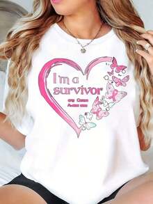 Camiseta de Mujer Under The Radar, Cuello Redondo, Estampado de Corazón Rosa y Mariposa, Estilo Casual, 220g, Estilo Vintage Urbano, Unisex, de Algodón, Manga Corta, Cuello Redondo - Blanco - Ver 1