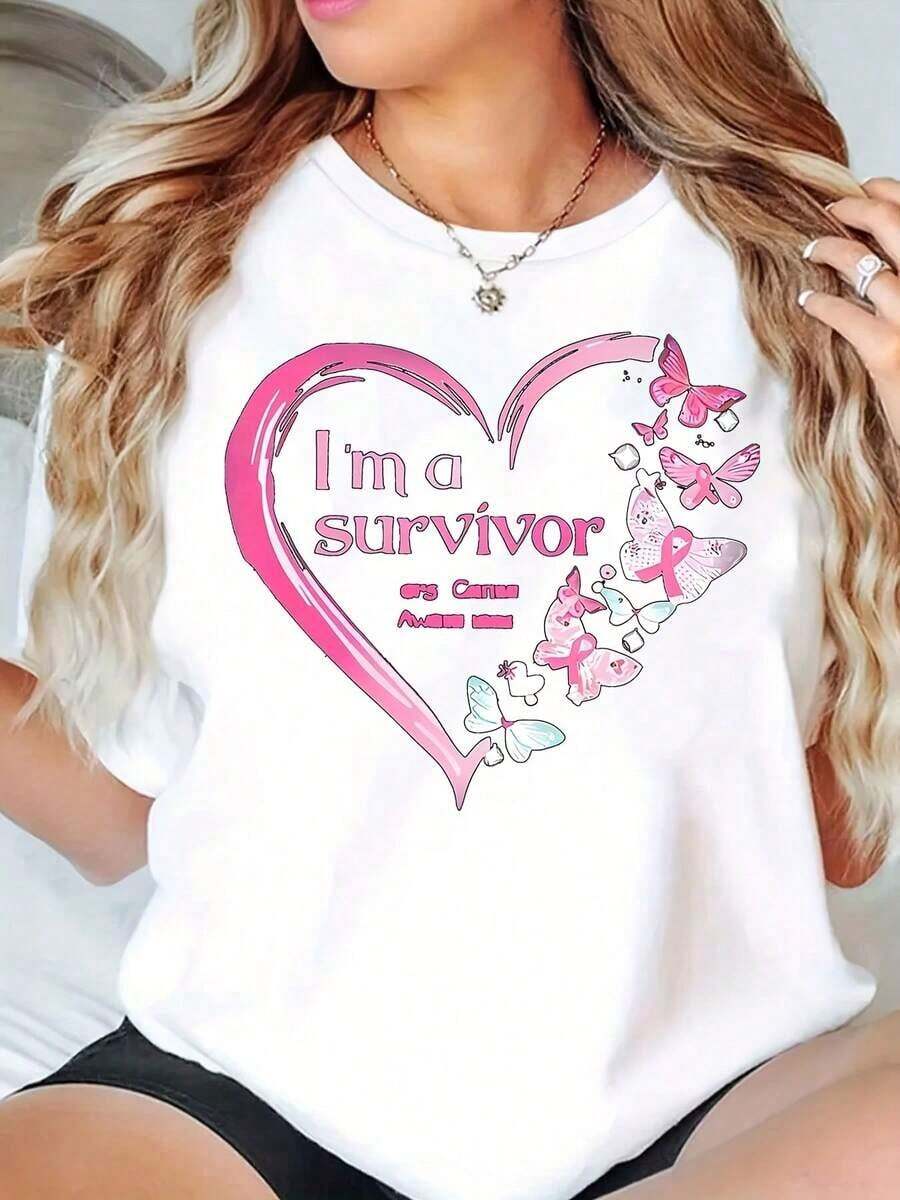 Camiseta de Mujer Under The Radar, Cuello Redondo, Estampado de Corazón Rosa y Mariposa, Estilo Casual, 220g, Estilo Vintage Urbano, Unisex, de Algodón, Manga Corta, Cuello Redondo - Blanco - Ver 1