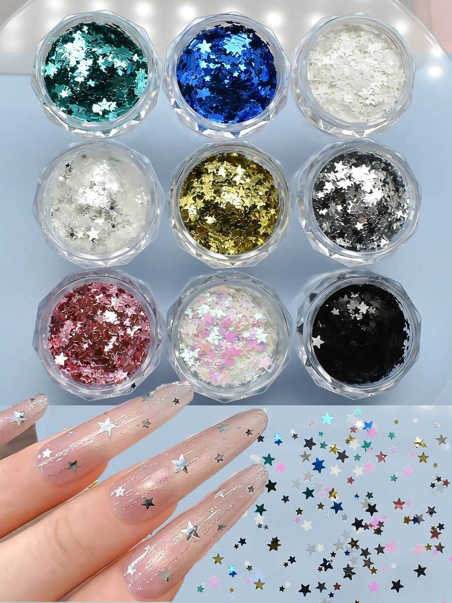 Paillettes pour nail art en forme d'étoile 5-Star, ultra-fines 1,5 mm/2 mm/3 mm, taille mixte, mini autocollants d'ongles colorés, fournitures et accessoires de salon de manucure, charms pour ongles - Multicolore - Voir 1