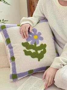 Soft Loop Yarn Embroidered Flower Pillow Cover 45x45cm, Breathable Cloud-Like Cushion Case For Living Room Sofa Decor, 1pc (No Filler) - Purple - View 5