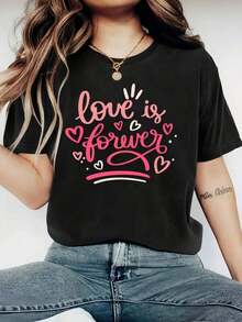 Trendy1 Paquete Camiseta Con Cuello Redondo Impresa Del Día De San Valentín Para Mujer, , De Punto De Poliéster, Ligera Y Transpirable, Para Todas Las Estaciones Round Neck Printed Short Sleeve Casual Everyday T-Shirt, They Are Excellent Gifts For Friends And Family,100% Cotton T-Shirts Feature, A Youthful And Fashionable DesignEveryday Wear - Negro - Ver 1