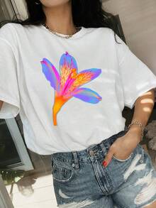 Camisetas con Estampado de Flores de Neón. Camisetas de manga corta de aspecto fácil y fresco. Tops Cómodos y de Alta Calidad para Primavera y Verano. Perfecto para la moda de todos los días. Y un gran regalo para mujeres - de alta calidad - Blanco - Ver 7