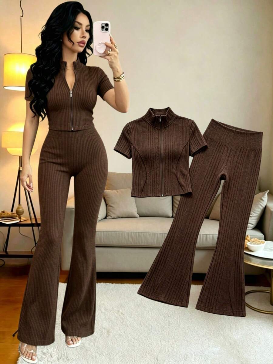 Conjunto de top corto deportivo con cremallera sin costuras y mallas deportivas de cintura alta para mujer - Café integral - Ver 1