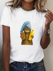 Cuello Redondo Talla Grande - Camiseta Divertida con Estampado de Gato para Baño - Camiseta Holgada de Corte Amplio con Diseño de Papel Higiénico y Botella, Camisa Casual Suave para Uso Diario, Adecuada para Ropa Casual, Prenda Esencial para Armarios de Primavera y Verano - Decoración Divertida para Baño en Camisetas Diarias, Ropa Casual, Camisetas con Estampados Divertidos, Camisetas Holgadas, Moda de Primavera, Estilo Bohemio, Material Transpirable, Camisetas Estampadas, Ropa de Mujer, Blusas Para Mujer Casual - Negro - Ver 6