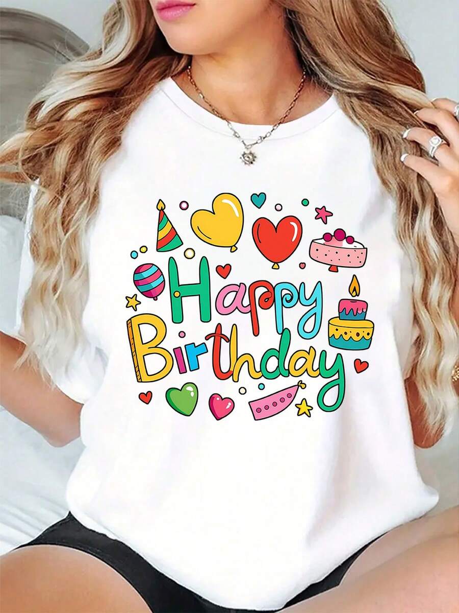 Diseño simple y versátil, camiseta de una pieza para verano y otoño con cuello redondo - Estampado de fiesta con torta de cumpleaños y globos, camiseta de cuello redondo para mujer, ropa de otoño adecuada para correr y hacer deporte, moderna, elegante, única, divertida, vestido elegante para fiestas, graduaciones, estilo Y2K, conjunto unisex para parejas, conjunto para hermanas, adecuada para regalos, camiseta de algodón. - Blanco - Ver 1