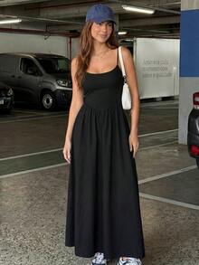 Women's Casual Dress In A Single Color With Thin Straps, Suitable For Weddings - 黑色 - 查看 1