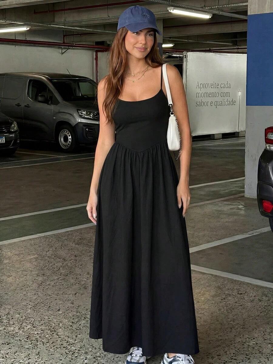 Women's Casual Dress In A Single Color With Thin Straps, Suitable For Weddings - 黑色 - 查看 1