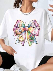Camiseta de Pascua con Diseño de Conejo, Pato y Huevos, Top Casual para Mujer, Camiseta Gráfica de Moda para Vacaciones de Primavera, Playera Holgada - Blanco - Ver 7