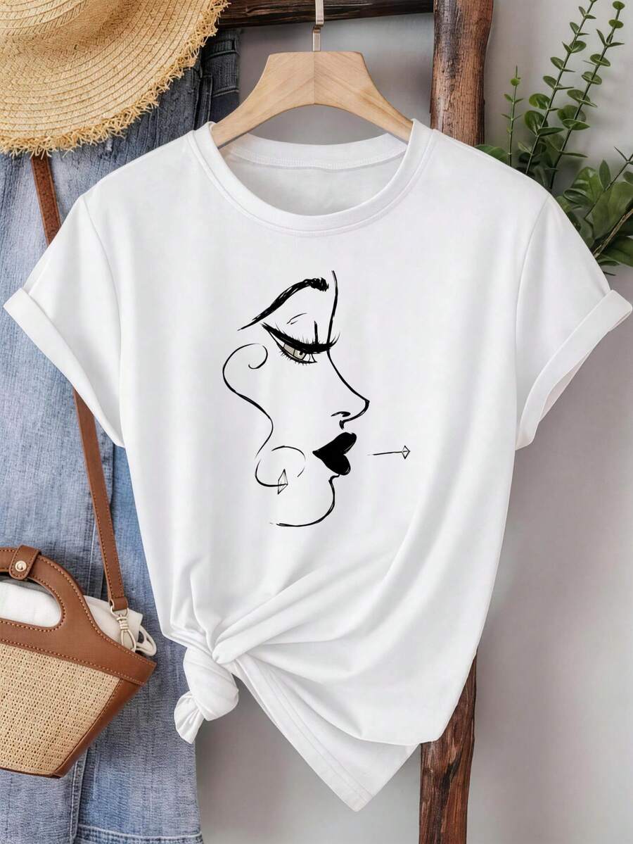 Limited Time Offer, Limited Quantities, Flash ! Women's Casual Shirts, Women's Polyester T-Shirts, Stylish Shirts. Kawaii Women's T-Shirts With Aesthetic Print, Abstract Artistic Face Design, Durable Print, Sweet Summer Casual T-Shirt - 白色 - 查看 1