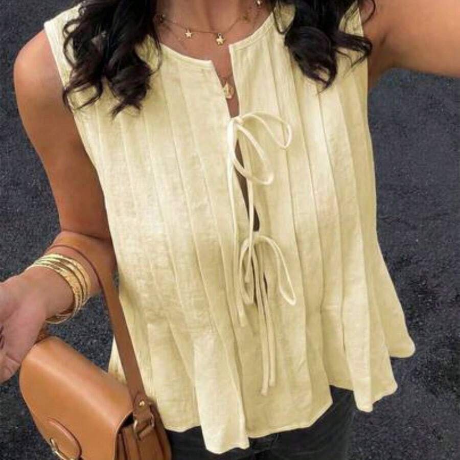 JTI Blusa de verano elegante y minimalista para mujer, sin mangas, con lazo, plisada, con textura hueca, versátil para el trabajo y las vacaciones, diseño de nicho de camiseta sin mangas - Amarillo - Ver 1