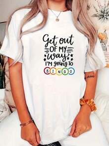 Women's Graphic Print Crew Neck T-Shirt - Featuring The Slogan 'Get Out Of I'm Going To RINGO' And Colorful Stars And Bingo Balls, Casual Sporty Short Sleeve Top For Summer, Washable, Everyday Wear, Non-See-Through Fabric, Women's T-Shirts. - 白色 - 查看 5