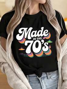 Women's And Men's Crew Neck Short Sleeve T-Shirts, 70s Vintage Retro Style, Fashionable Casual T-Shirt For Women, Graphic Print T-Shirt For Birthday Celebrations And Parties. Fun Prints Ideal For Christmas Parties, Sporting Activities, Holiday Parties, Outings, Sports And Other Festive Gifts. - 黑色 - 查看 4