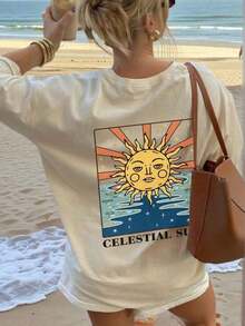 Camiseta de manga corta de cuello redondo casual con estampado gráfico de tótem de arte pop vintage, de moda y versátil para mujer en color blanco - Negro - Ver 2