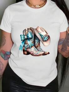Camiseta de mujer con estampado de botas de vaquero, de manga corta, cuello redondo, estilo casual, adecuada para verano y primavera, ropa de mujer. - Blanco - Ver 12