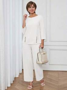 Conjunto de 2 piezas de top de manga larga y pantalones de unicolor minimalista para mujer - Blanco - Ver 12
