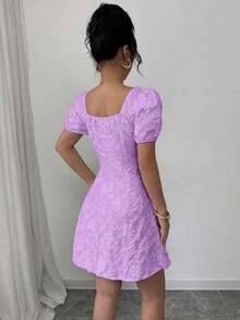 Vestido de mujer de manga abullonada y cuello cuadrado, de moda para el verano - Morado - Ver 2