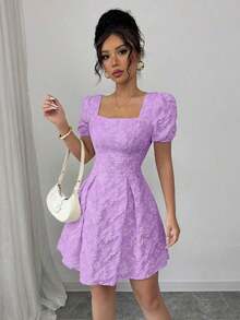 Vestido de mujer de manga abullonada y cuello cuadrado, de moda para el verano - Morado - Ver 4
