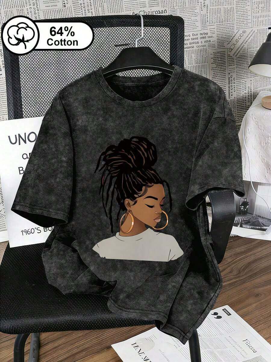 Camiseta para mujer talla grande - Estampado de dibujos animados con motivo de peinado soñador - Acabado vintage con lavado de nieve, manga corta, estilo de ropa urbana, camiseta de verano casual negra para mujer - Negro - Ver 1