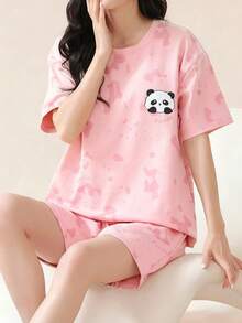 AICJ 两件套女士休闲熊猫印花短袖T恤和短裤睡衣套装，舒适家居服，春夏款 - 粉色 - 查看 5