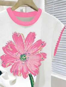 Camiseta casual de mujer con cuello redondo, ribete de contraste y estampado floral - Multicolor 2 - Ver 4