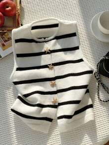 Blusa de punto de rayas informal sin mangas con decoración de metal para mujer - Albaricoque - Ver 5