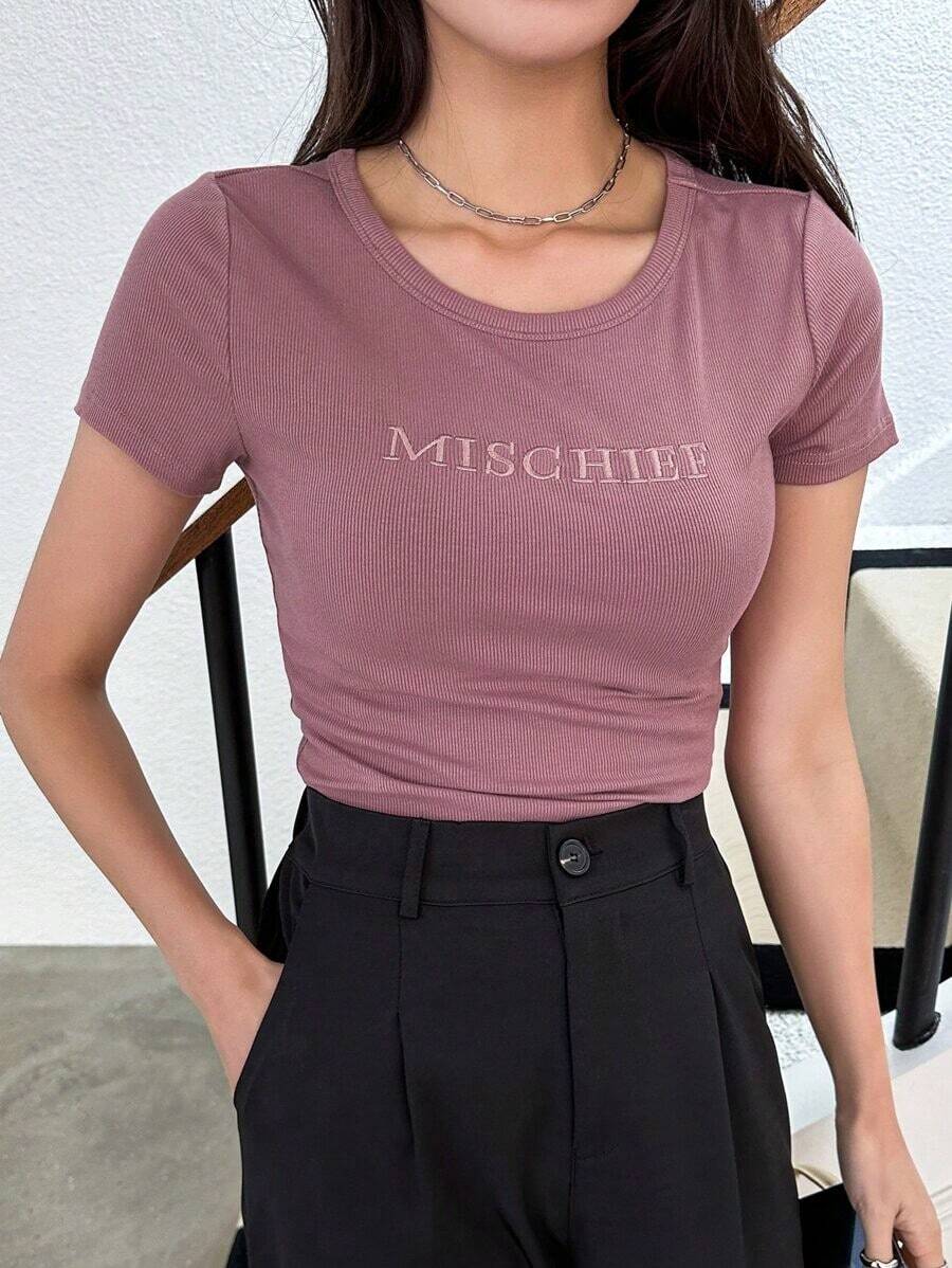 Camiseta bordada con letras, Crop Tops para Mujer - Rosa - Ver 1