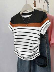 Camiseta de manga corta con pliegues y rayas, casual de verano para mujer - Blanco 2 - Ver 1