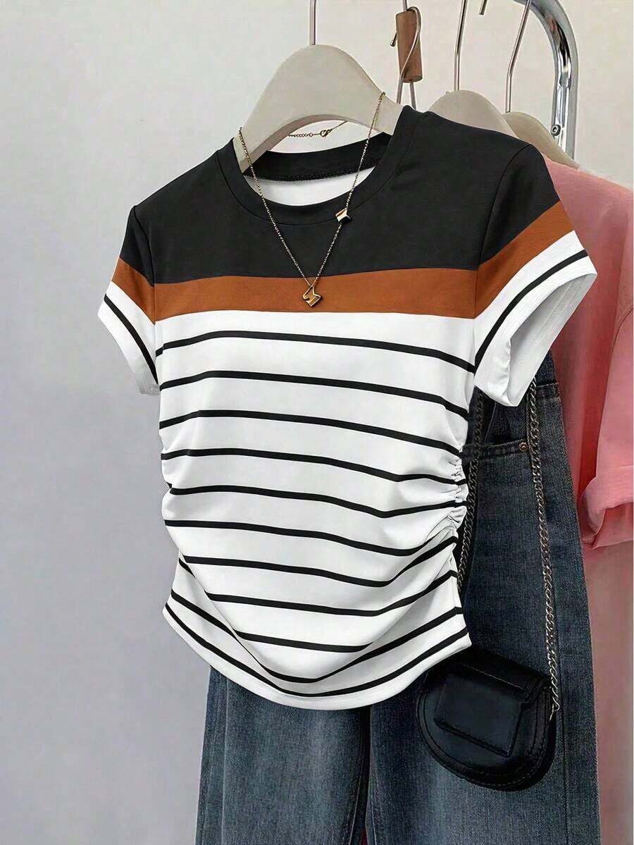 Camiseta de manga corta con pliegues y rayas, casual de verano para mujer - Blanco 2 - Ver 1