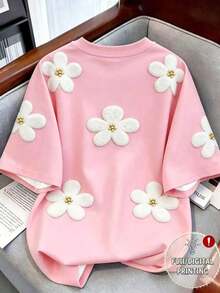 Camiseta de mujer de cuello redondo con bordado de conchas y estampado floral 3D - Multicolor 5 - Ver 2