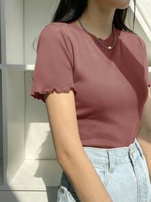 Blusa de punto acanalado con ribete de lechuga, estilo preppy de verano - Color caoba - Ver 1