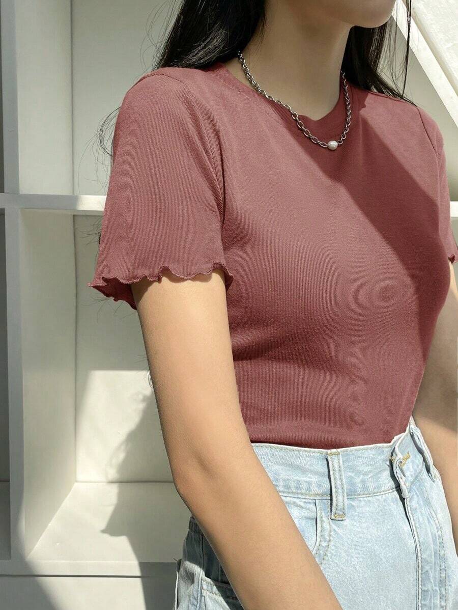 Blusa de punto acanalado con ribete de lechuga, estilo preppy de verano - Color caoba - Ver 1