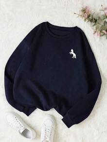 Women's Crew Neck Sweatshirt In Various Colors With Small Horse Print, Versatile Autumn/Winter Jacket - Wear With A Shirt - Latest Fashion - Màu xanh hải quân - Xem 1