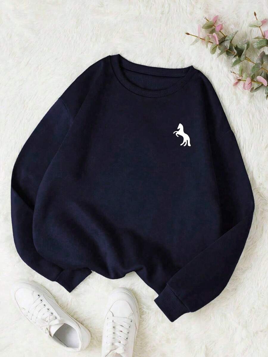 Women's Crew Neck Sweatshirt In Various Colors With Small Horse Print, Versatile Autumn/Winter Jacket - Wear With A Shirt - Latest Fashion - Màu xanh hải quân - Xem 1