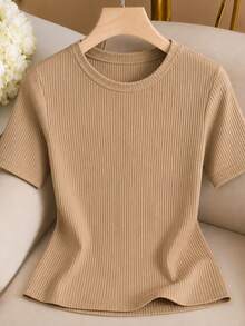 Women's Short-Sleeved Crew Neck T-Shirt, Elegant, Basic, Comfortable, Ribbed. - 米色 - 查看 2