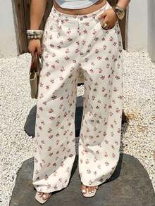 Plus Jeans de pierna recta con estampado floral para mujer de talla grande, de verano - Blanco - Ver 5