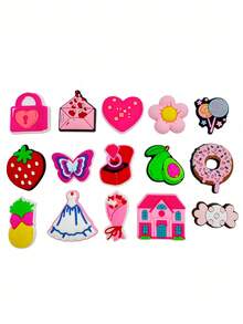 10pcs Random Pink Mix Series, Love, Flowers, Fruits, Strawberries And Other Shoe Ornaments, Suitable For Clogs, Bubble Slippers, Sandals, Etc., PVC Material, Beach Bag Accessories, Birthday, Christmas, Valentine's Day, Halloween Gift Ideas, Party Gifts - Multicolor - View 6