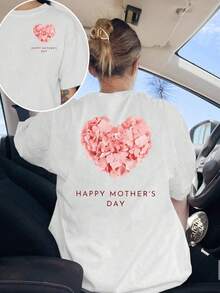 Camiseta de manga corta con estampado frontal y trasero, Día de la Madre, top casual moderno para mujer con hortensias rosas, camisa casual de manga corta con cuello redondo, para verano y primavera, ropa de mujer 100% algodón. - Blanco - Ver 1