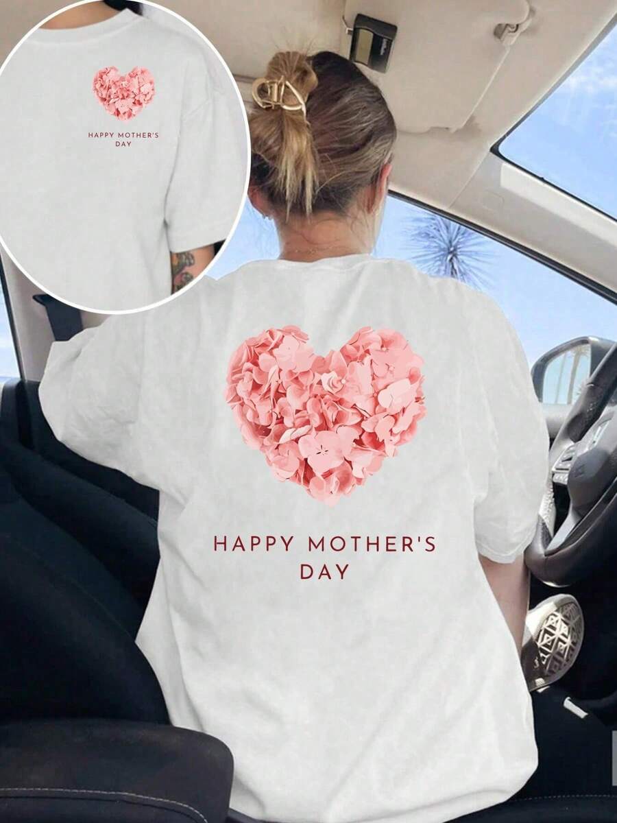 Camiseta de manga corta con estampado frontal y trasero, Día de la Madre, top casual moderno para mujer con hortensias rosas, camisa casual de manga corta con cuello redondo, para verano y primavera, ropa de mujer 100% algodón. - Blanco - Ver 1