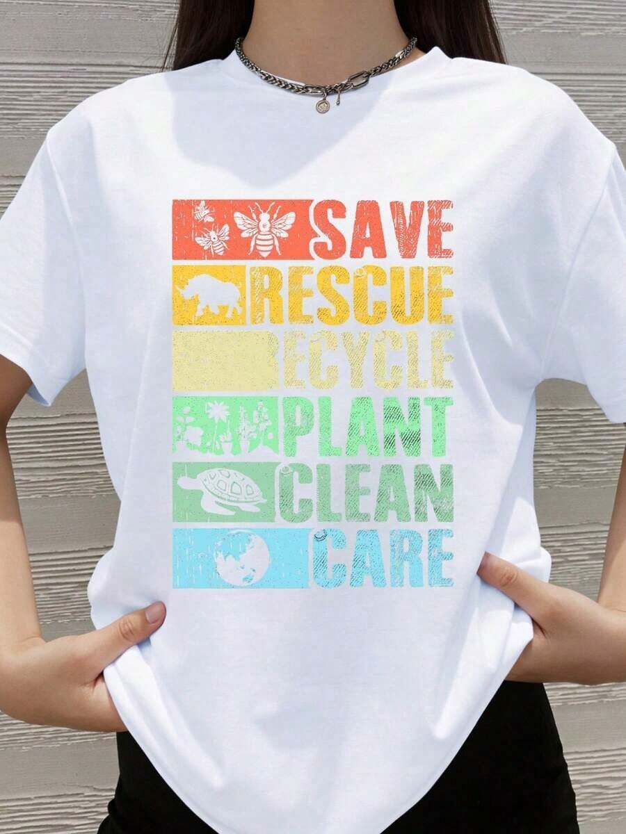 100% algodón, Camiseta de Mujer con la frase "Save Rescue Recycle Plant Clean Care Awareness" para el Día de la Tierra y la promoción de la sostenibilidad. - Blanco - Ver 1