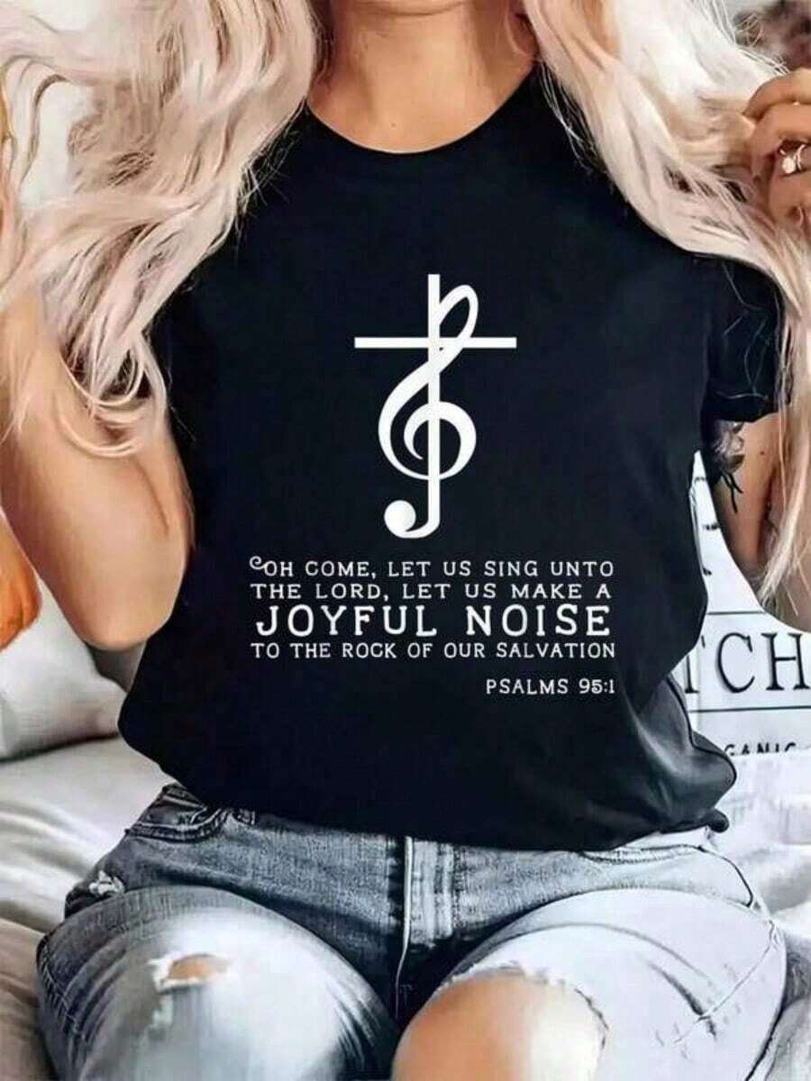 Camiseta Casual 100% Algodón con Estampado de Cruz y Clave de Sol, Regalo Musical, Camiseta de Cuello Redondo para Verano, Top Suave de Manga Corta para Mujer, Camiseta Elegante y Cómoda para Mujer, Camisetas con Estampados para Mujer - Negro - Ver 1