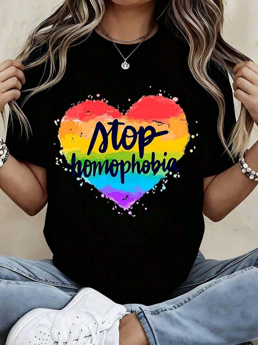 Rainbow Heart Print T-Shirt Against Homophobia, Casual Sportswear For Daily Activities And Outdoor Events - Vintage Urban Style, Unisex, Cotton, Short Sleeve, Round Neck, 100% Cotton - 黑色 - 查看 1