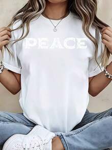 Camiseta con Estampado de Paz, Estilo Casual Deportivo para Uso Diario - Estilo Urbano Vintage, Unisex, de Algodón, Manga Corta, Cuello Redondo, 100% Algodón - Blanco - Ver 3