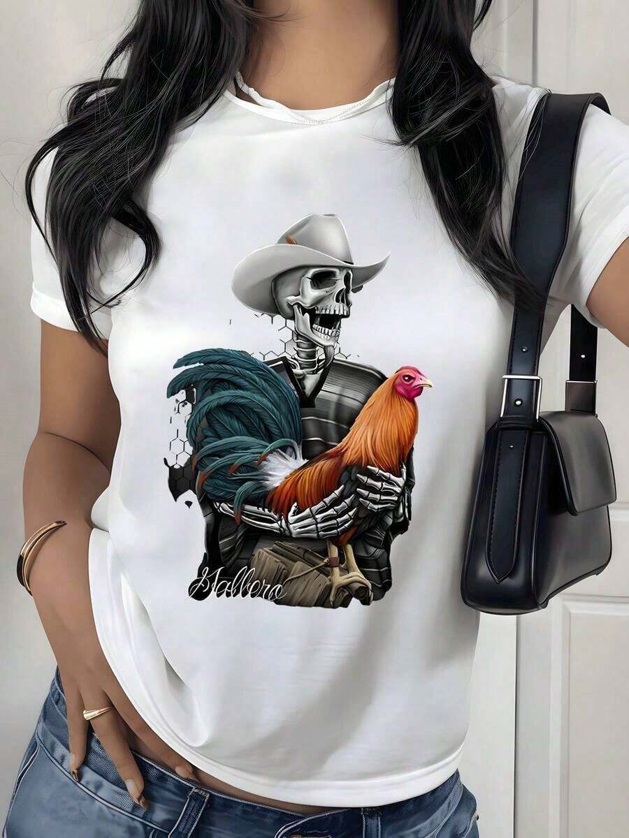 T-Shirt With Skeleton Cowboy Graphic Print With Rooster, 180g, 1 Piece, Farm Animal Theme, Casual Style For Women, 100% Cotton, Vintage Western Style - 白色 - 查看 1